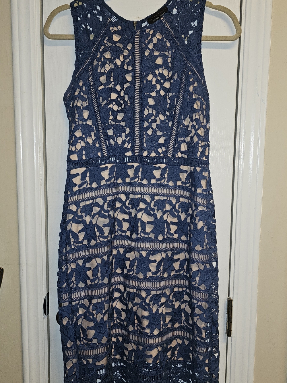 Dress Forum Sleeveless Navy Lace Overlay Dress with Nude Lining